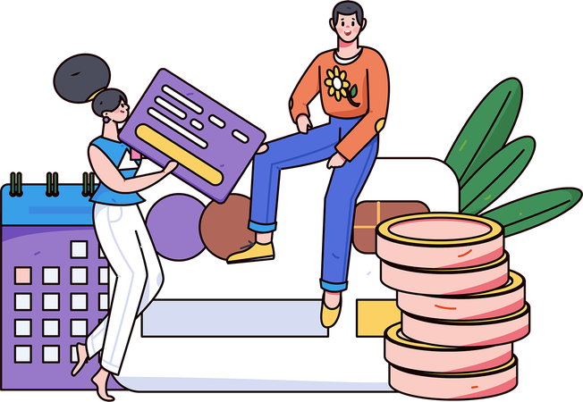 Couple plans out shopping budget monthly  Illustration