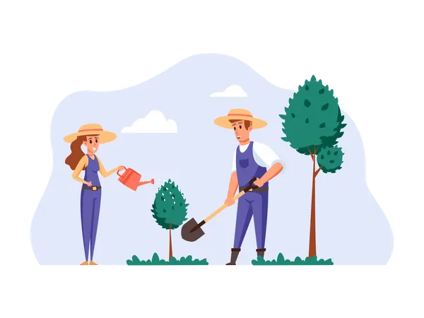 Couple plantant des graines d’arbres et les arrosant  Illustration