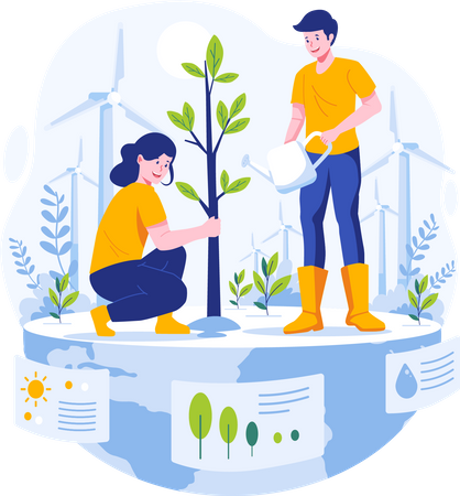 Couple planting and watering a tree Illustration