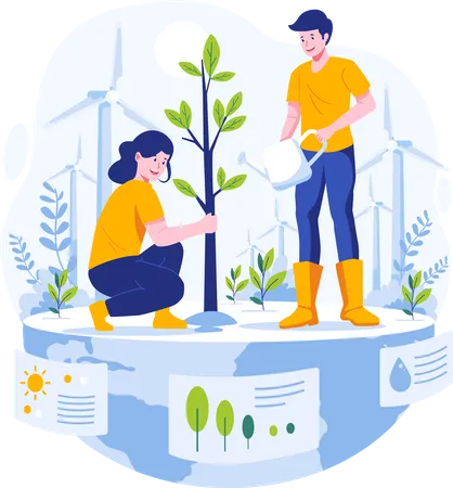 Couple planting and watering a tree Illustration