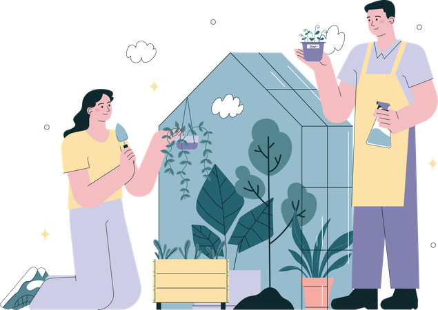 Couple planting and watering plant  on terrace  イラスト