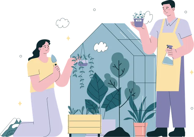 Couple planting and watering plant  on terrace  Illustration