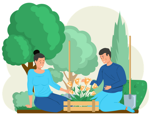 Couple planting flowers  Illustration