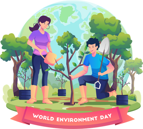 Couple planting tree  Illustration