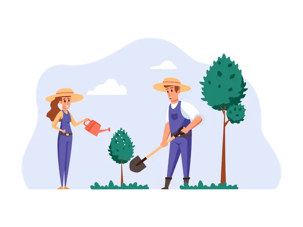 Couple planting tree seed and watering them Illustration