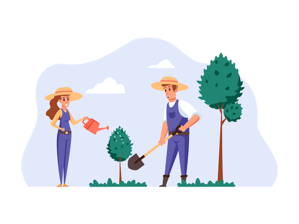 Couple planting tree seed and watering them  Illustration