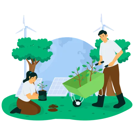 Couple Planting Trees  Illustration