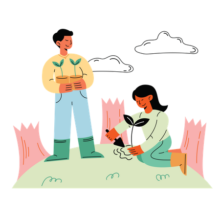 Couple planting trees together Illustration