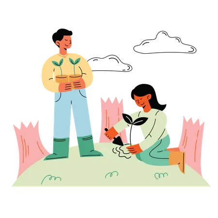 Couple planting trees together Illustration