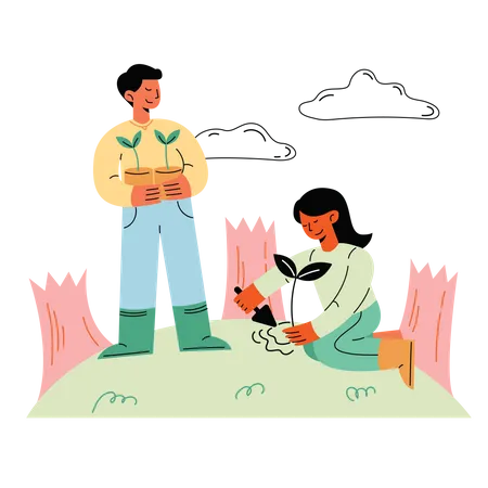 Couple planting trees together  Illustration