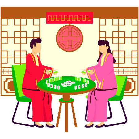 Couple playing mahjong on new year party  Illustration