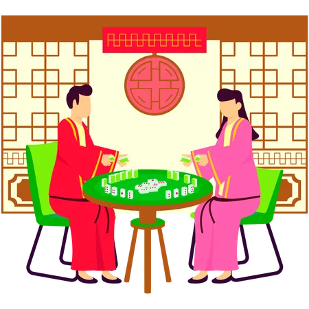 Couple Play Mahjong On New Year Party Illustration