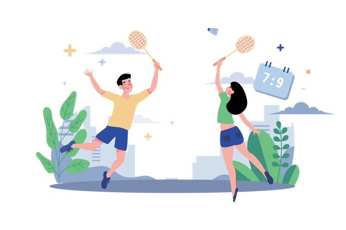 Couple Playing Badminton  Illustration