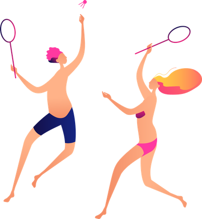 Couple playing badminton at beach  Illustration