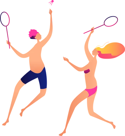 Couple playing badminton at beach  Illustration