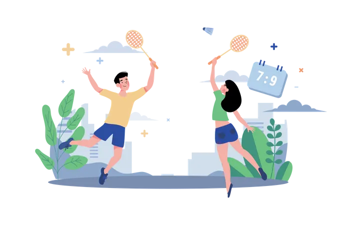 Couple Playing Badminton  Illustration