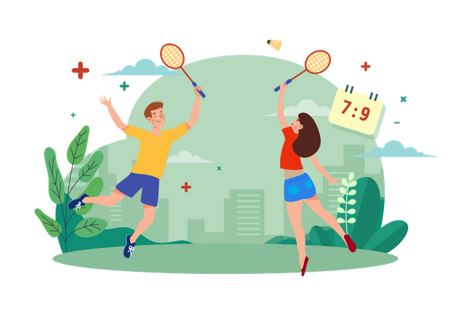 Couple Playing Badminton  Illustration