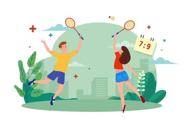 Couple Playing Badminton  Illustration