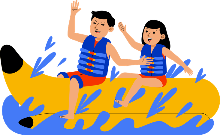 Couple Playing Banana Boat  Illustration