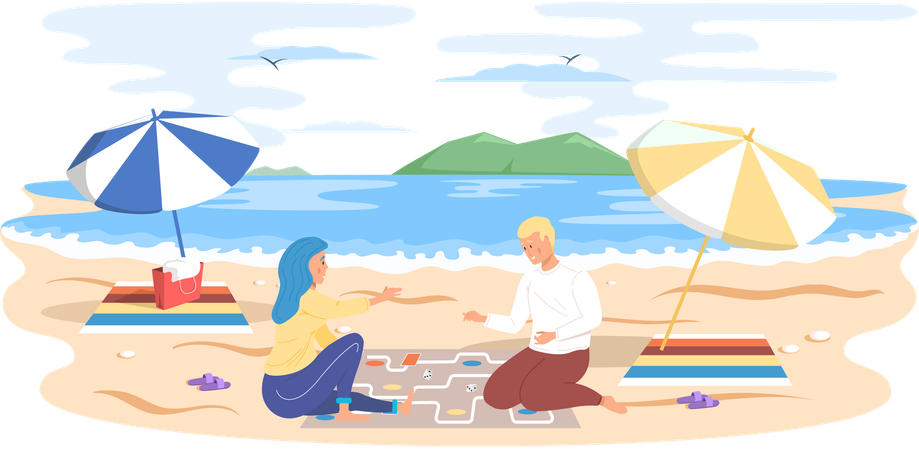 Couple playing board game sitting on sandy beach  Illustration