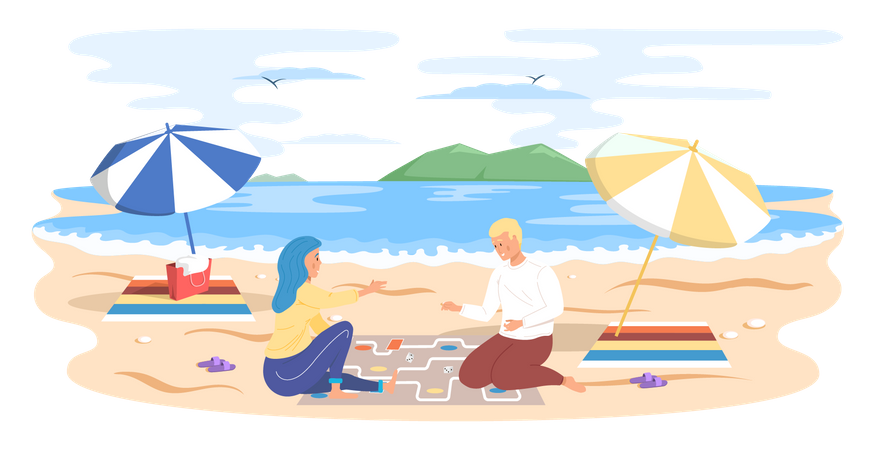 Couple playing board game sitting on sandy beach  Illustration