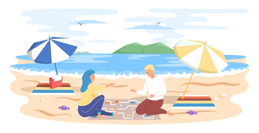 Couple playing board game sitting on sandy beach  Illustration