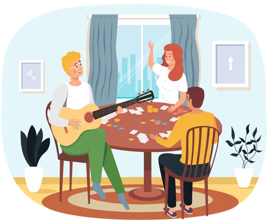 Couple playing board game while Guy playing guitar and perform  Illustration