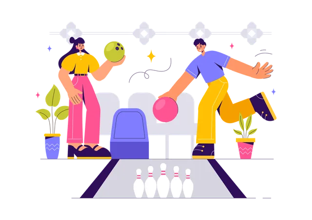 Couple Playing Bowling Game  Illustration