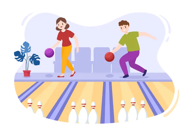 Couple Playing Bowling Game  Illustration