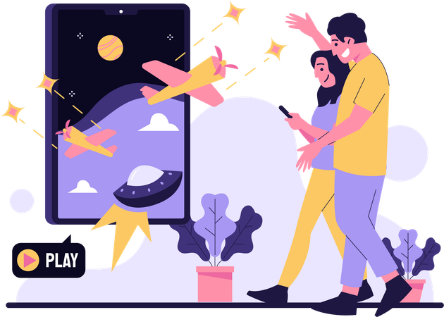 Couple playing game together on phone  Illustration