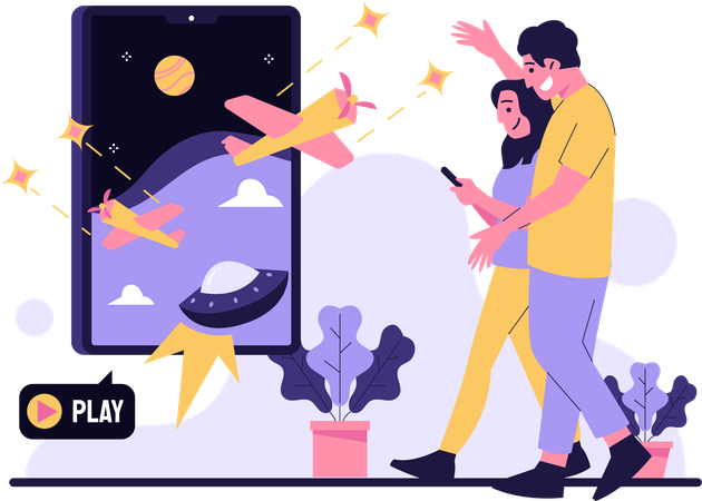 Couple playing game together on phone  イラスト