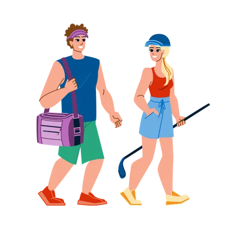 Couple Golf Vector Sport Woman Man Leisure Lifestyle Golfer Outdoor Course Happy Green Hobby Couple Golf Character People Flat Cartoon Illustration Illustration
