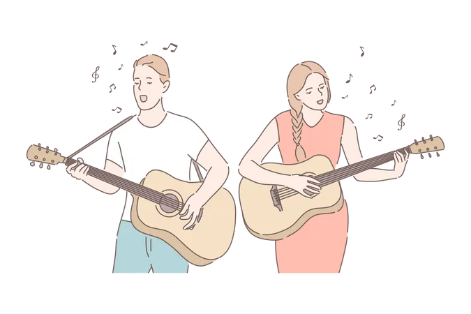 Music Band Playing Guitar Duet Singing Concept Friends Playing Musical Instruments Young Guitarists Amateur Performance Musicians Couple With Acoustic Guitars Simple Flat Vector Illustration