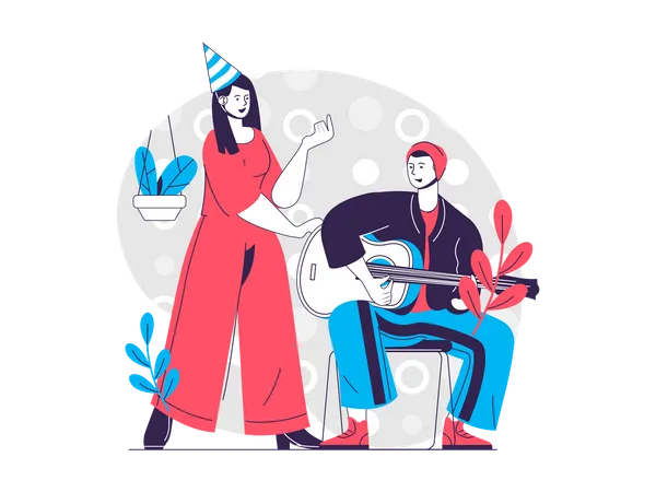Couple playing guitar and singing song on birthday party Illustration