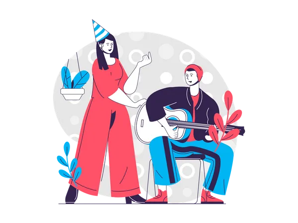 Couple playing guitar and singing song on birthday party  Illustration