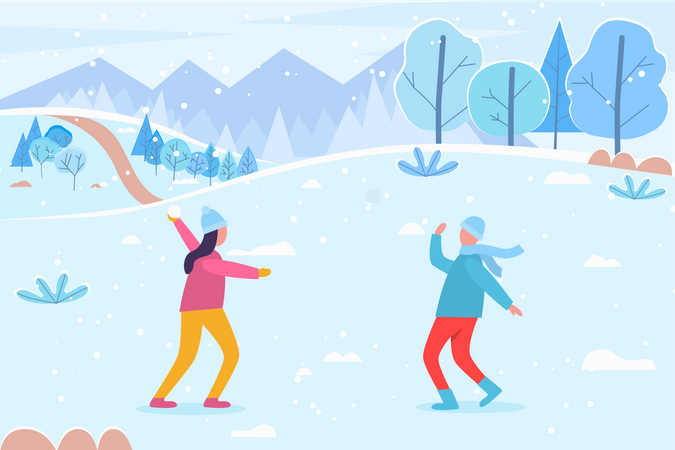 Couple playing in snow  Illustration