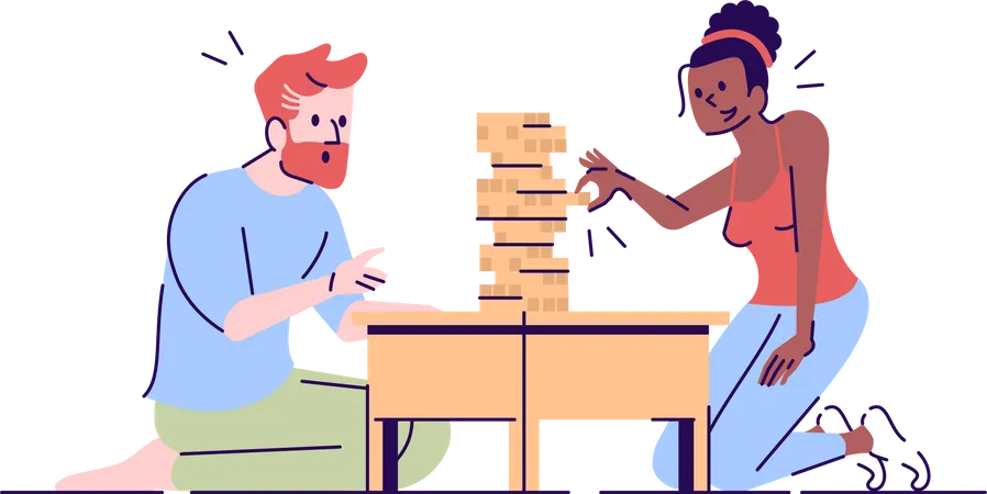 Couple Playing Jenga Flat Vector Illustration Family Relax Bearded Man Focused On Tower Construction Girl Pulling Wooden Block Isolated Cartoon Characters With Outline Elements On White Background Illustration