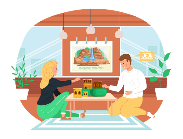 Couple playing logic game at home on weekend  Illustration