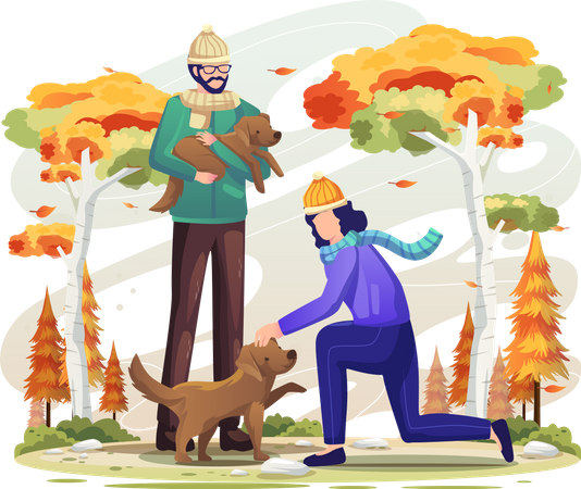 Couple playing together with dog  Illustration