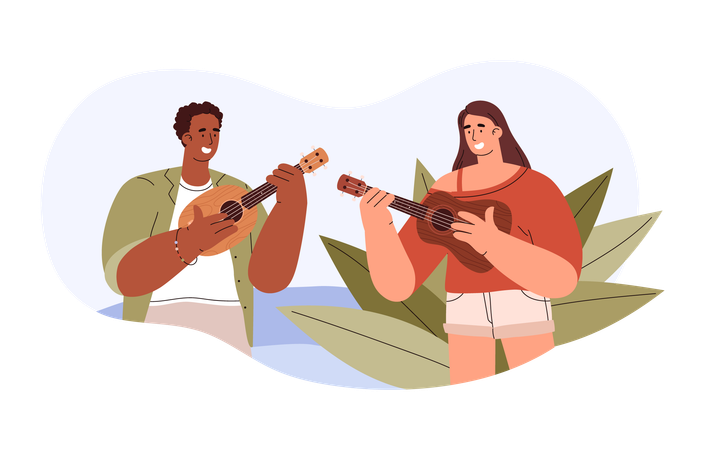 Couple playing ukulele  イラスト