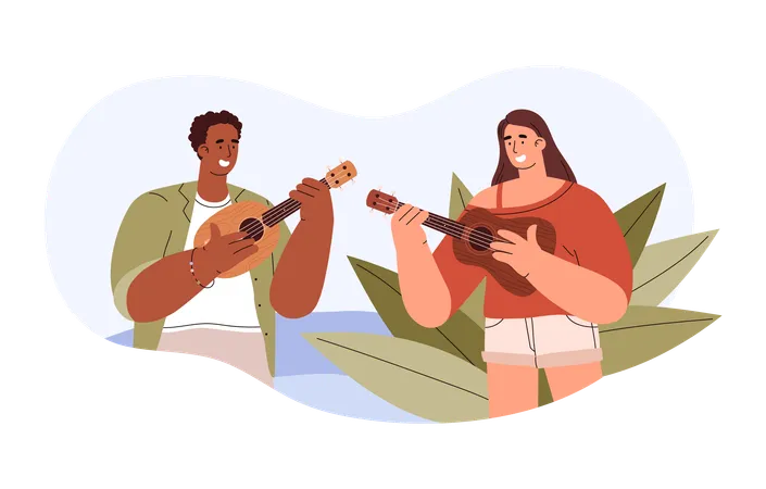 Happy Young Boy And Girl Playing Ukulele Flat Style Vector Illustration Isolated Smiling People Play Acoustic Music Leisure And Hobby Creation Decorative Design Element Illustration