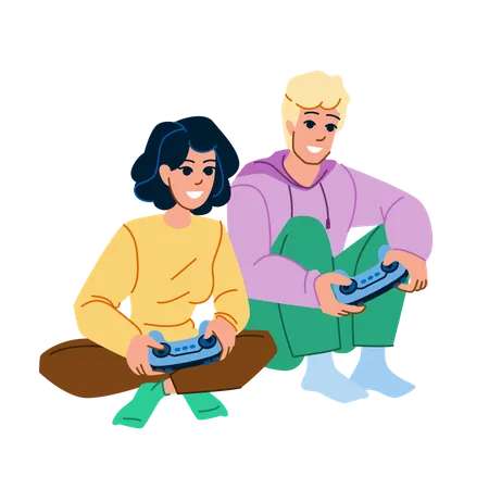 Couple Playing Vector Fun Man Happy Woman Young Home Play Game Lifestyle Leisure Love Boyfriend Couple Playing Character People Flat Cartoon Illustration Illustration