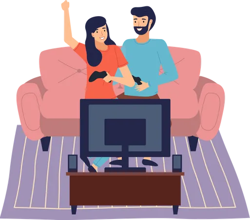 Frandly Family Playing Video Games Man And Woman Gaming With Gamepad Controller Holding Joystick In Hands Flat Design Family Weekend Couple Spend Time Together Playing A Computer Game At Home Illustration