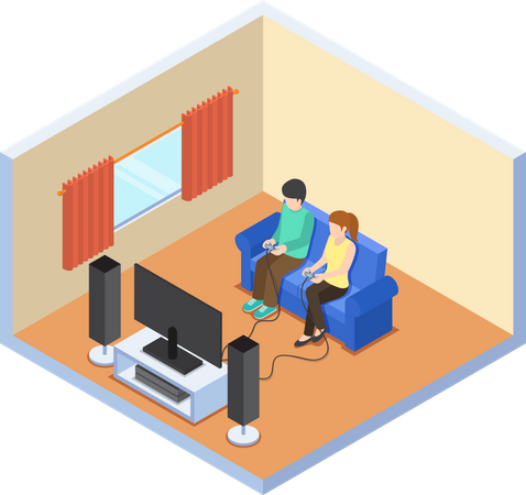 Couple playing video game in the living room  Illustration