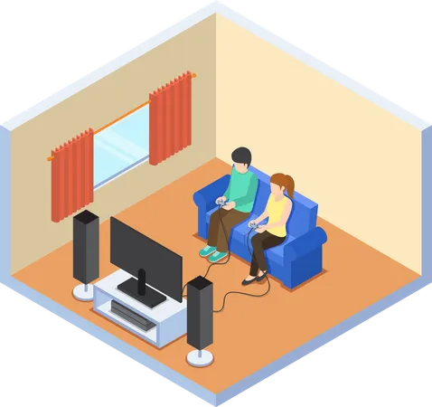 Couple playing video game in the living room  Illustration