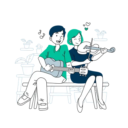 Couple playing violin in park  Illustration