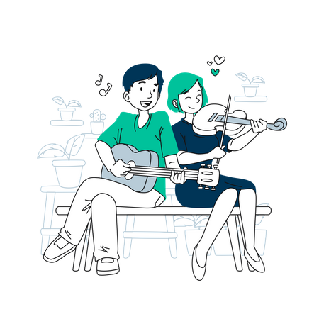 Couple playing violin in park  Illustration