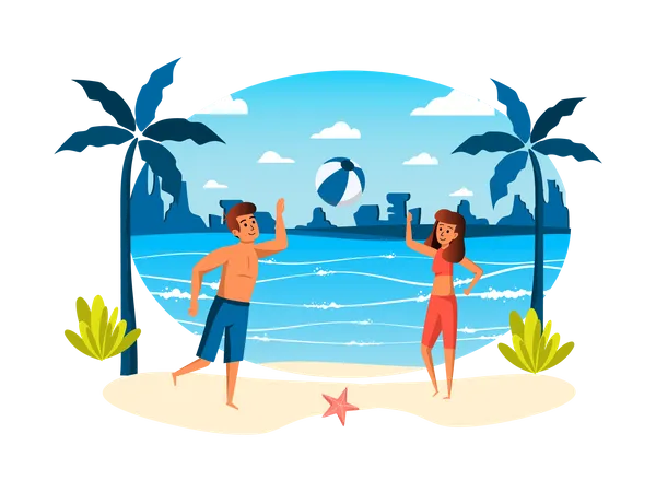Couple playing with ball on beach  Illustration