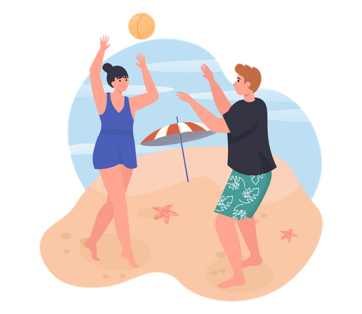 Couple playing with ball on beach Illustration