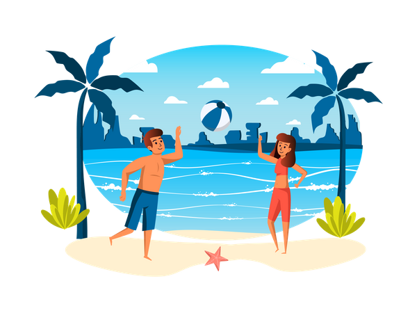 Couple playing with ball on beach  Illustration